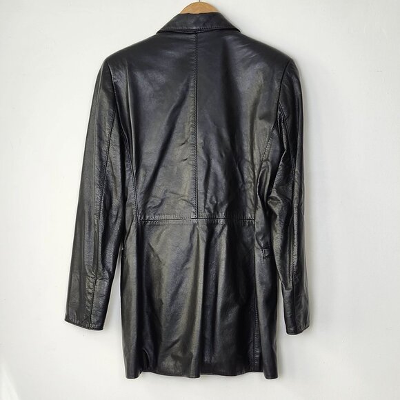 Vtg Late 90s Early 00s Women's Genuine Leather Long Black Button-Up Jacket Rock - Picture 9 of 16